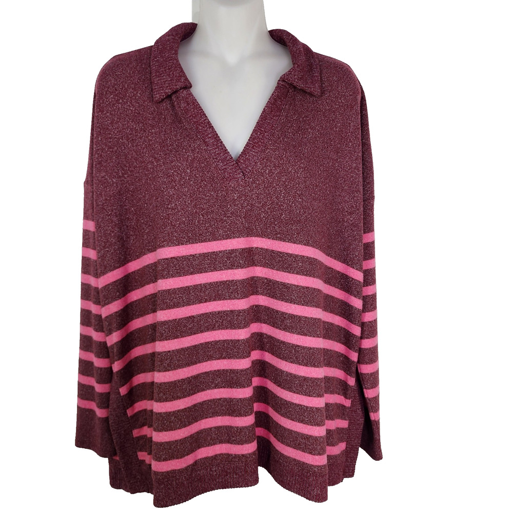 Maurices Top Women Small Collared Fairview Striped Burgundy Pink Long Sleeve New